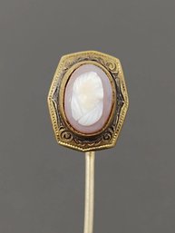 ANTIQUE ART DECO GOLD TONE NATURAL CARVED SHELL FLOWER CAMEO STICK PIN