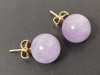 VINTAGE 14K GOLD NATURAL 10mm AMETHYST BEAD STUD EARRINGS