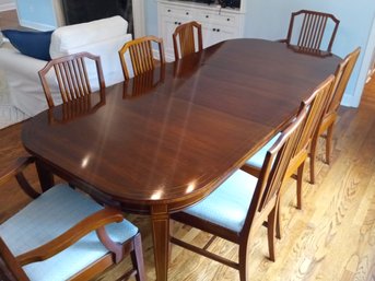 Beautiful Custom- Made Mahogany & Inlays Dining Table With 1 Leaf & 8 Chairs - 2 Armchairs & 6 Side Chairs