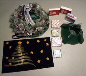 Christmas Lot Wreath, Carpet, Tree Stand, 2 Hallmark New Albums, Activity Gamed, & Napkins