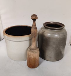 Antique Stoneware Unmarked White Crock, Gray Crock By Appleby & Helme And One Wooden Pestle.         212 /c5.