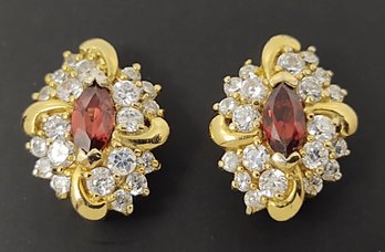 BEAUTIFUL GOLD OVER STERLING SILVER GARNET & CZ EARRINGS