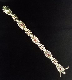 Sterling Silver (.925) With Garnet Stones Bracelet-7' When Open - Total Weight 25.1 Grams & Matching Earrings