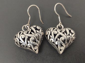 VINTAGE STERLING SILVER ORNATE HEART EARRINGS