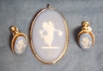 Wedgwood Light Blue Jasperware Cameo Jewelry Pendant & Post Earrings-Van Dell-Gold Filled -  England CWW/D3