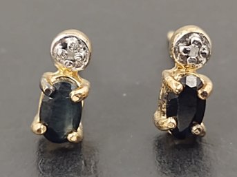 SMALL GOLD OVER STERLING SILVER BLUE SAPPHIRE DIAMOND STUD EARRINGS