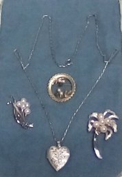 Kremeitz Gold Tone Pendant W/pearls & Jade Beads, Silvertone 5 Pearl Pin & Palm Tree Pin W/5 Pearls & Necklace