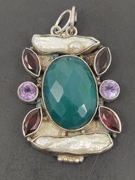 VINTAGE STERLING SILVER FACETED GREEN ONYX PEARL GARNET & AMETHYST PENDANT