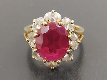 STUNNING GOLD OVER STERLING SILVER RUBY & CZ HALO RING