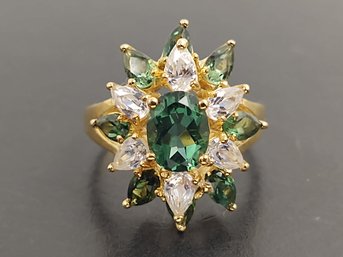 STUNNING GOLD OVER STERLING SILVER GREEN SPINEL & CZ STARBURST RING