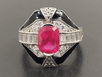 BEAUTIFUL ART DECO STYLE STERLING SILVER ENAMEL RUBY & CZ RING