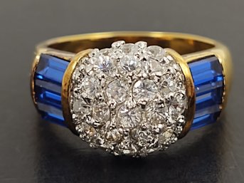 BEAUTIFUL GOLD OVER STERLING SILVER BLUE & CLEAR CZ STONE CLUSTER RING