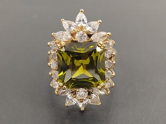 STUNNING GOLD OVER STERLING SILVER GREEN TOURMALINE & CZ RING