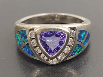 BEAUTIFUL STERLING SILVER PURPLE CZ & SIMULATED OPAL RING