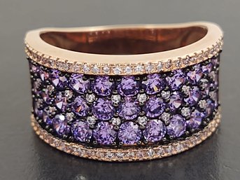 STUNNING ROSE GOLD OVER STERLING SILVER PURPLE CZ ROWS CLUSTER RING