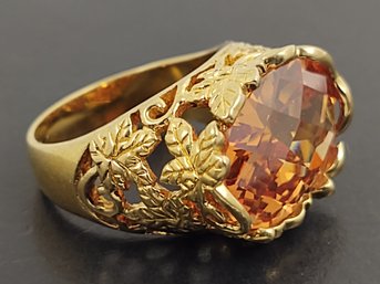 STUNNING GOLD OVER STERLING SILVER SPESSARTITE GARNET LEAF MOTIF RING