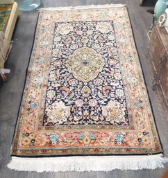 Beautiful Persian Qum Silk Area Rug With Blue & Lovely Pattern Decorations