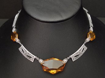 ANTIQUE ART DECO RHODIUM PLATED FILIGREE AMBER GLASS NECKLACE