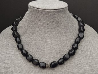 VINTAGE STERLING SILVER ONYX BEADS NECKLACE