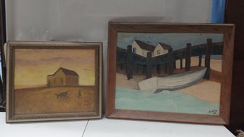 Two Great Oil On Canvas Painting One Farm House On The Prairie,the Other Boat By The Dock.  BH/ WAB