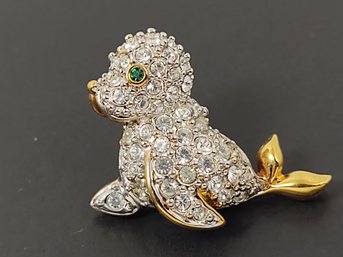 SIGNED SWAROVSKI GOLD TONE CRYSTAL RHINESTONE BABY SEAL PIN