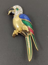 VINTAGE GOLD TONE ENAMEL & RHINESTONE PARROT BIRD BROOCH