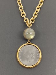 DESIGNER BELLEZZA GOLD TONE NECKLACE WITH COIN PENDANT LABRADORITE BEAD