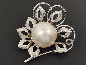 VINTAGE STERLING SILVER JAPANESE AKOYA 16mm MABE PEARL BROOCH / PENDANT