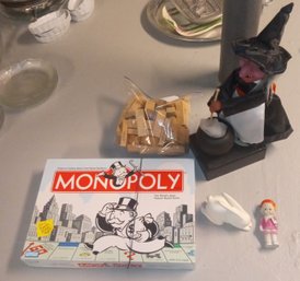 Pair Of Vintage Games- Monopoly & Jenga, A Halloween Witch Doll, A Ceramic Doll & A Rabbit