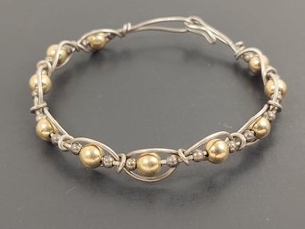 VINTAGE HANDMADE STERLING SILVER & GOLD FILLED BEAD BANGLE BRACELET