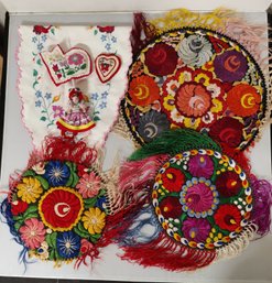 Beautiful Hungarian Hand Embroidered Table Runner, Doll, 2 Decorative Hearts And 3 Round Tablecloths. EH / A3.