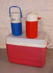 Two Coleman Thermos/ Beverage Coolers And One Rubbermaid Cooler