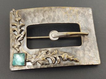 ANTIQUE VICTORIAN HAND HAMMERED SILVER TONE CZECH GLASS BUCKLE BROOCH