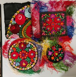 Beautiful Hungarian Hand Embroidered Kalocsai Folk Art-Black Tablecloth,1 Square & 2 Round Wall Hangings.EH/a4