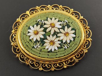 VINTAGE ITALY GOLD TONE FILIGREE MICROMOSAIC FLOWERS BROOCH