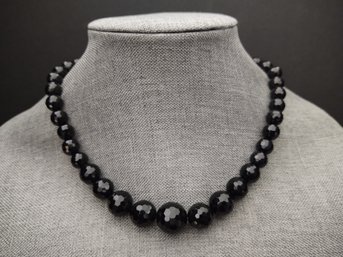 VINTAGE STERLING SILVER FACETED BLACK ONYX BEADS NECKLACE