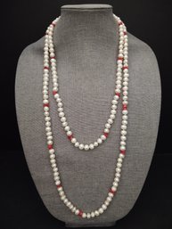 EXTRA LONG PEARL AND NATURAL CORAL NECKLACE