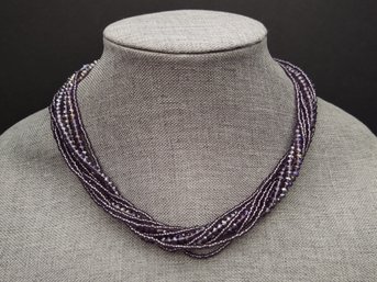 VINTAGE MULTI STRAND BURPLE GLASS BEADED NECKLACE