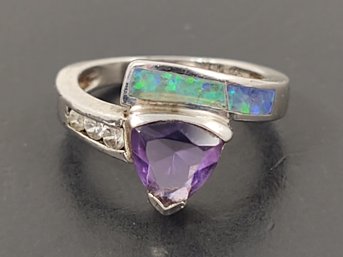 BEAUTIFUL STERLING SILVER AMETHYST & WHITE TOPAZ W/ OPAL INLAY RING