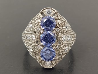 STUNNING ART DECO STYLE STERLING SILVER TANZANITE & CZ RING