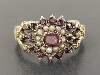 ANTIQUE LATE 1700s GEORGIAN GOLD / SILVER GARNET & SEED PEARL RING AS IS