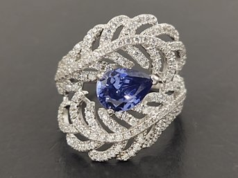 STUNNING STERLING SILVER TANZANITE & CZ FEATHER RING