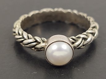 VINTAGE BRAIDED BAND STERLING SILVER & PEARL RING