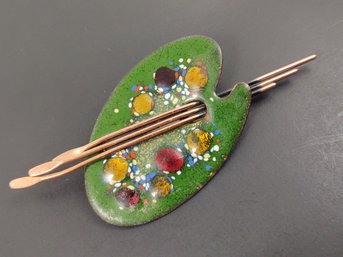 VINTAGE DESIGNER MATISSE COPPER & ENAMEL PALETTE BROOCH