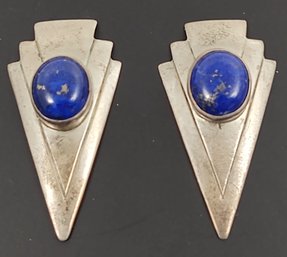 VINTAGE SIGNED NATIVE AMERICAN STERLING SILVER BLUE LAPIS EARRINGS