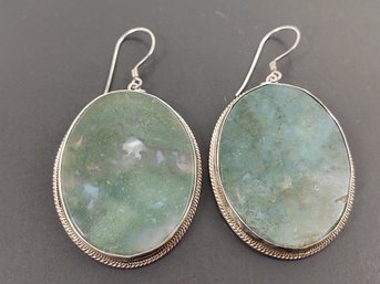 LARGE VINTAGE STERLING SILVER MOSS AGATE EARRINGS