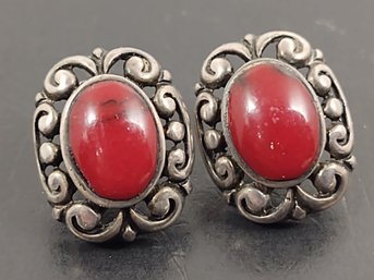 VINTAGE ORNATE STERLING SILVER RED JASPER EARRINGS