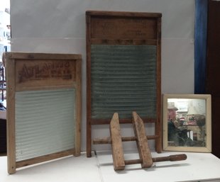 Great Assortment Of Vintage Wash Boards, Antique Wood Clamp,and Small Antique Mirror BOH /CAV