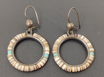 VINTAGE NATIVE AMERICAN STERLING SILVER HEISHI SHELL & TURQUOISE BEAD EARRINGS