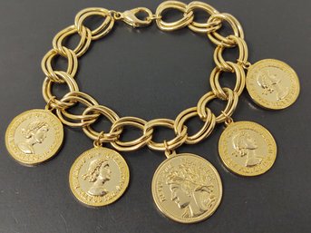 VINTAGE GOLD TONE COINS CHARM BRACELET